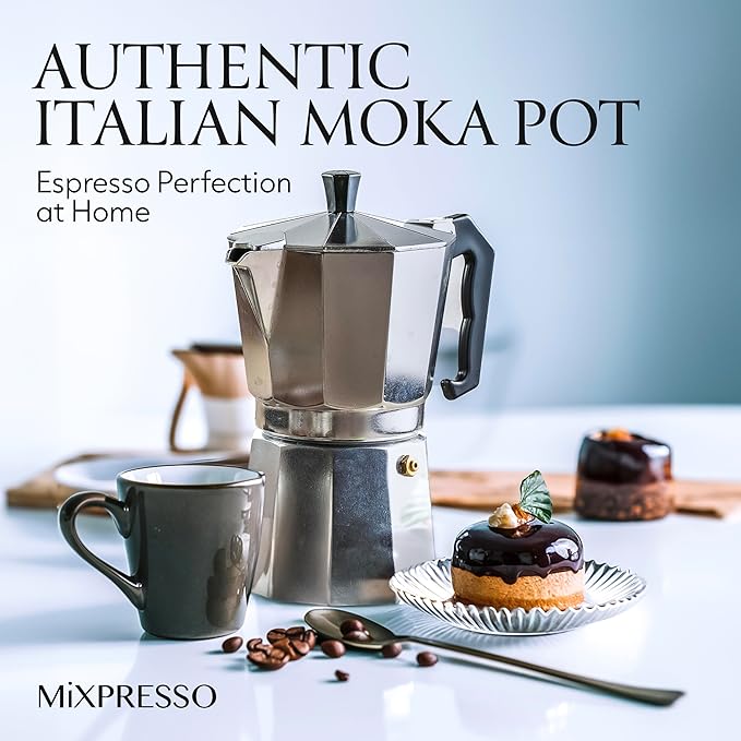 Mixpresso 6 Cup Moka Pot Cuban Coffee Maker, Moka Pot for Gas, Electric Stove Top, Classic Italian Coffee Maker, Stovetop Espresso Maker, Camping Pot Makes 6 Espresso Cup 10 Oz