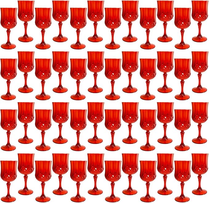 Plastic Wine Glasses，Plastic Goblets Vintage Style Cordial Drinking Glasses for Wedding Reception, Grand Event Party Supplies (48, Red)