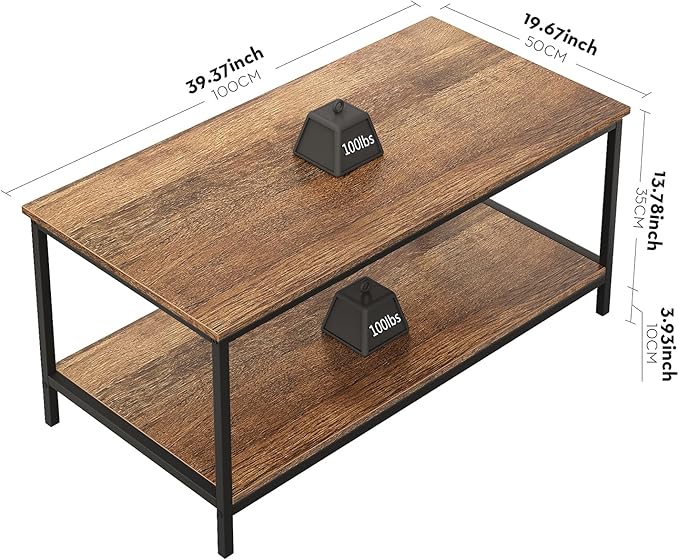 SAYGOER Coffee Table with Storage 2-Tier Industrial Center Table for Living Room, Rectangle Wood Table for Small Spaces Apartment Home Office, Walnut