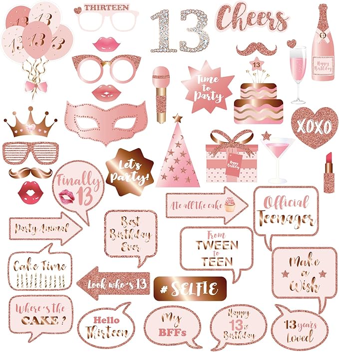 13th Birthday Party Photo Booth Props and Signs, Rose Gold 13 Birthday Party Selfie Props Kit with Sticks for Girls, Thirteen 13th Happy Birthday Party Decorations Supplies Favors