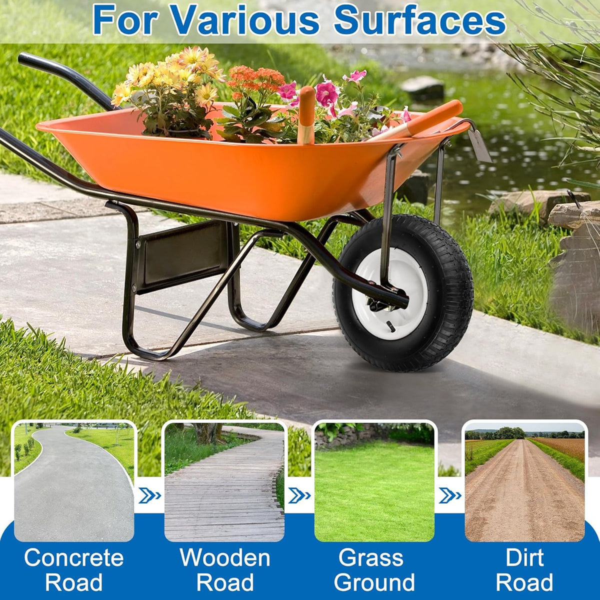 4.80/4.00-8" Wheelbarrow Tubed Tire and Wheel, 16" Universal Fit Pneumatic Tire with 3/4" or 5/8" Bearing, 3"-7" Hub, Adapter Kit Hand Truck Wheel Replacement for Garden Trailer, Wagons, 1 PCS