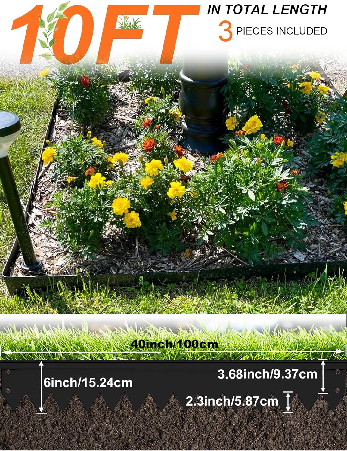 Vinci Landscape Edging Border, 40" L x 6" H 3Pack 10FT Total Black Galvanized Steel Garden Edging with Spikes, Sturdy Elegant Metal Lawn Broder for Flower Beds, Pathways, Paver Edges and Yard