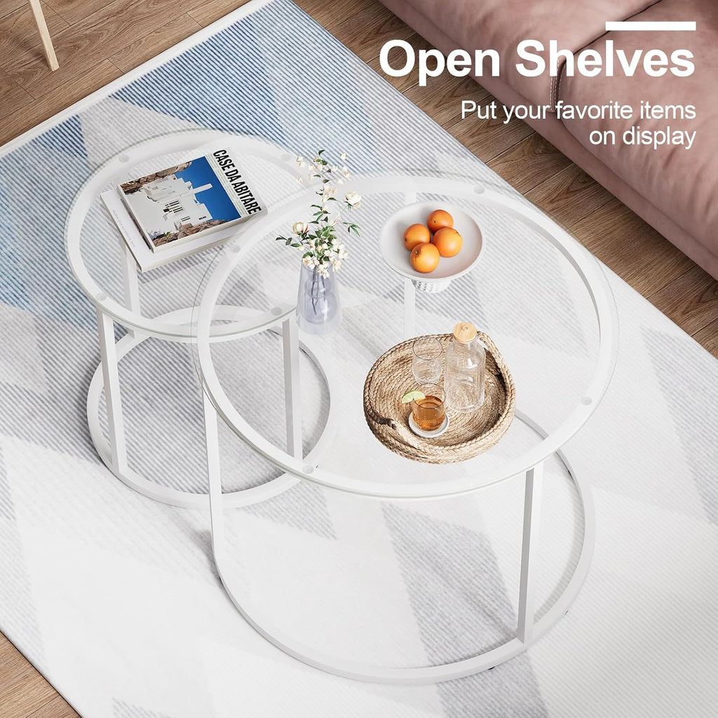 aboxoo White Nesting Glass Table Set of 2, Small Glass Round Nesting Tables for Living Room Bedroom, Accent Tea Table with Metal Frame Modern Industrial Simple