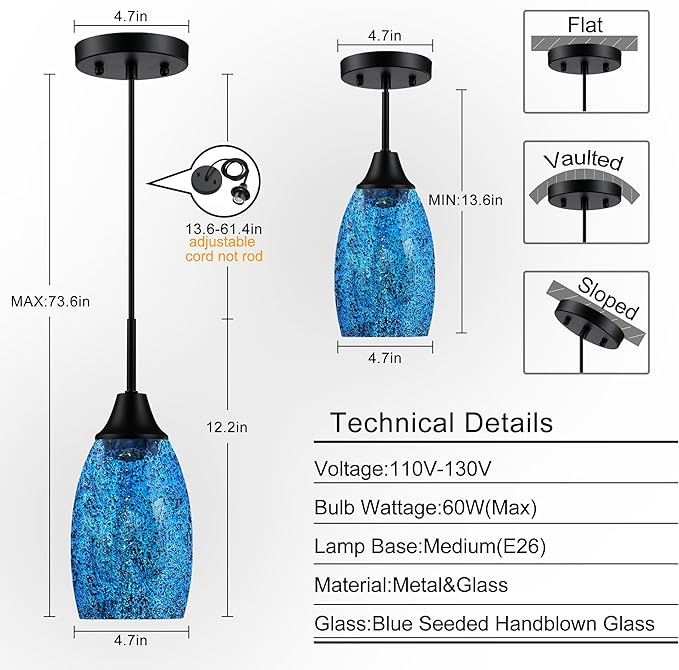 Mini Glass Pendant Light,4.72" Dark Blue Glass Hanging Light 3-Pack Handblown Clear Blue Seeded Shade Adjustable Cord Ceiling Light Fixture for Kitchen Island Sink