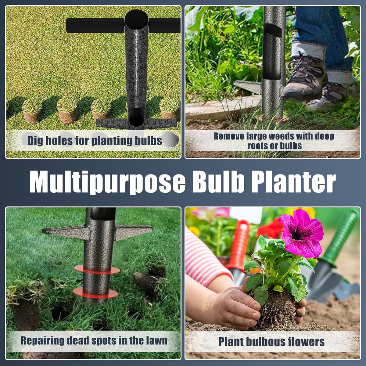 Bulb Planter Tool, 33.5 inch Long Handle Garden Sod Plugger to Dig Hole, Heavy Duty Metal Garden Tools for Soil Test Planting or Weeding Spring Flowers Bulbs,Bedding Plants,Tulips, Lilies, Potato
