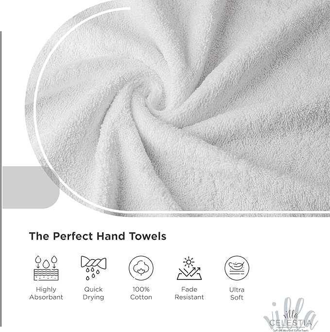 100% Cotton Hand Towel Set of 4, (16 x 28 inches) Sustainable, Soft, Highly Absorbent, Quick Drying, Combed Cotton Hand Towels Pack of 4 Ideal for Hotels, Spa, Bathroom, Dorm, White