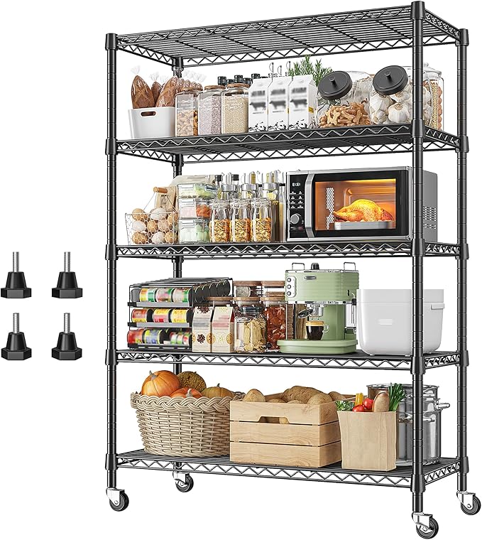 REIBII 73''H Storage Shelves 1660LBS Wire Shelving Unit with Wheels 5 Tier Metal Shelving,Heavy Duty Metal Shelves for Storage Rack,73''HX35''WX15''D