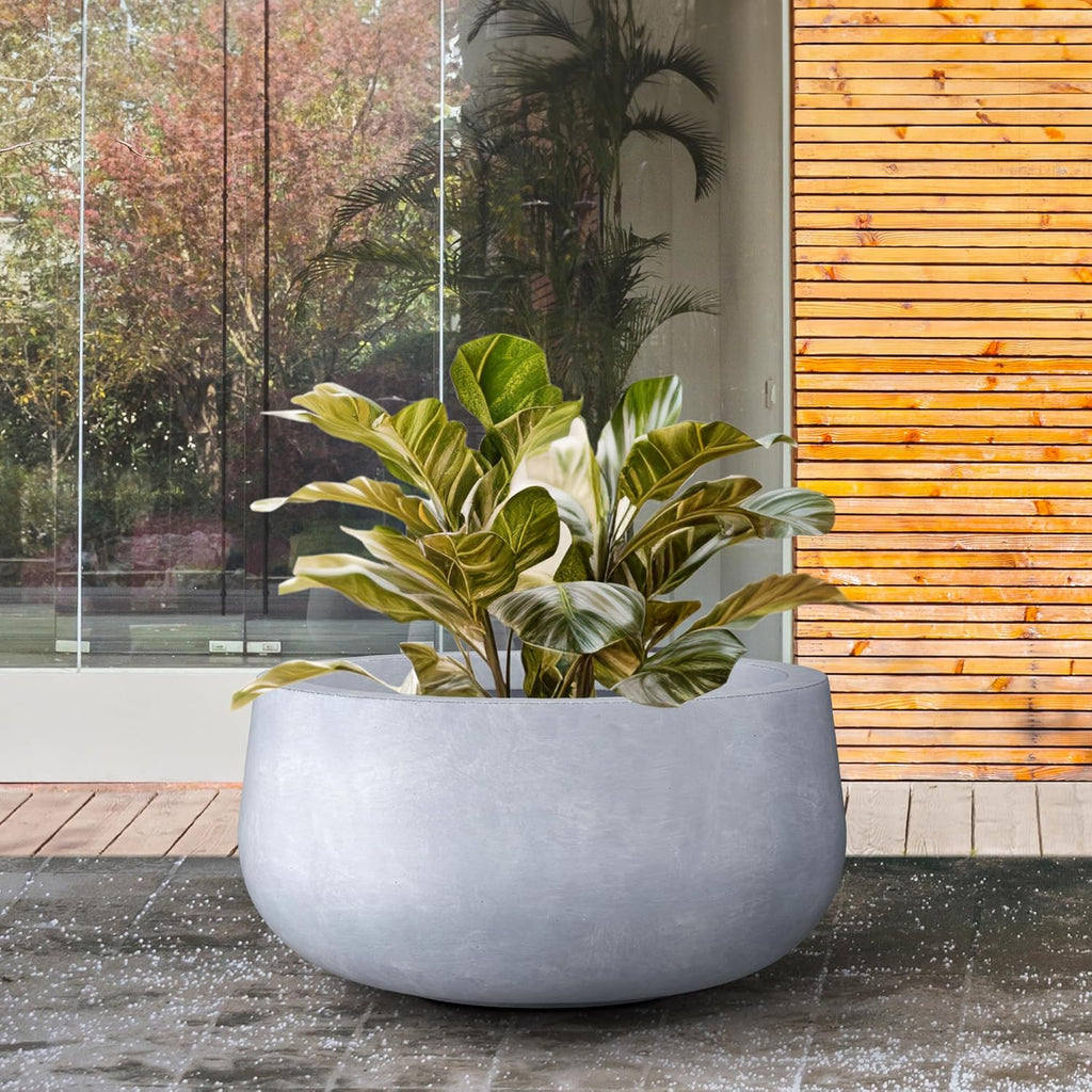 Kante 15.7" Dia Round Concrete Planter, Outdoor Indoor Garden Plant Pots with Drainage Hole and Rubber Plug, Modern Curvaceous Design, Slate Gray