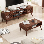 Coffee Table, Mid Century Modern Table with Storage, Living Room Center Table with Slatted Panel Drawer, Fluted Wood Coffee Table with Open Shelf for Living Room, Walnut