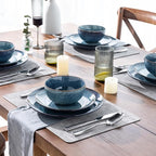 AmorArc Ceramic Dinnerware Sets for 4, 12 Pieces Handpainted Plates and Bowls Set, Scratch Resistant Stoneware Dishes Set, Dishwasher & Microwave Safe, Ceylon Blue