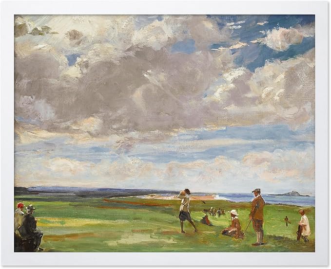 Poster Master Vintage Lady Astor Playing Golf at North Berwick Painting Poster - Retro Golf Course Print - Golf Art - Sports Art - Landscape Art - Office or Living Room Decor, 8x10 White Framed