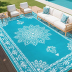 Yamaziot Outdoor Rug 9x12 Ft, Waterproof Plastic Straw Patio Rug, Reversible Backyard Carpet UV Resistant Portable RV Mat Clearance, Large Indoor Outdoor Rug for Patio, Porch, Deck, Balcony, Teal
