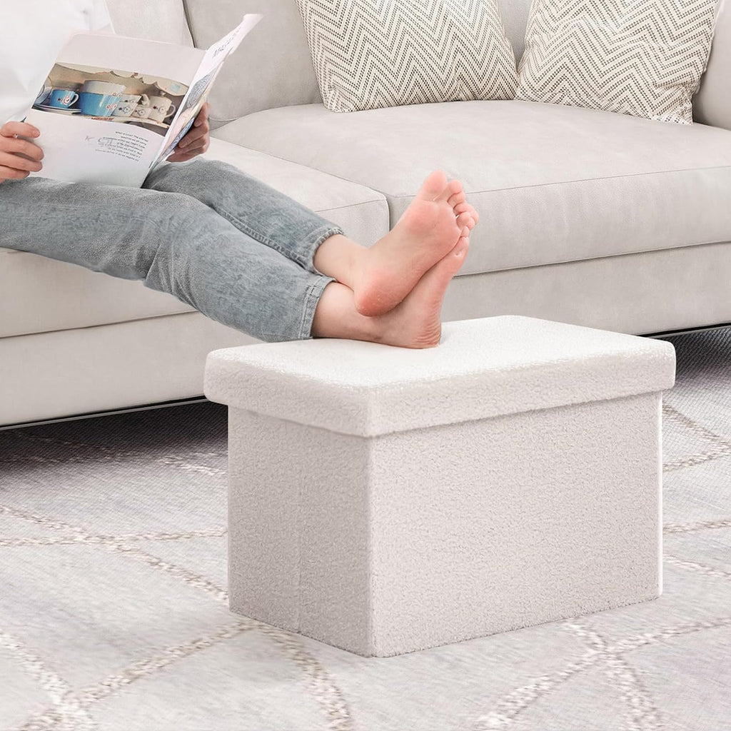 B FSOBEIIALEO Storage Ottoman Cube Small Sherpa Ottoman Foot Rest, Foldable Portable Boucle Ottomans, Faux Teddy Fur, Cream White 16.5"x12.6"x12.6"