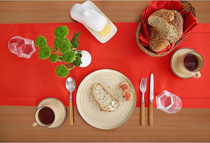 Solino Home Cotton Linen Table Runner 48 Inches - Poppy Red Hemstitch Table Runner 14 x 48 Inch Ideal for Dresser and Coffee Tables - Halloween