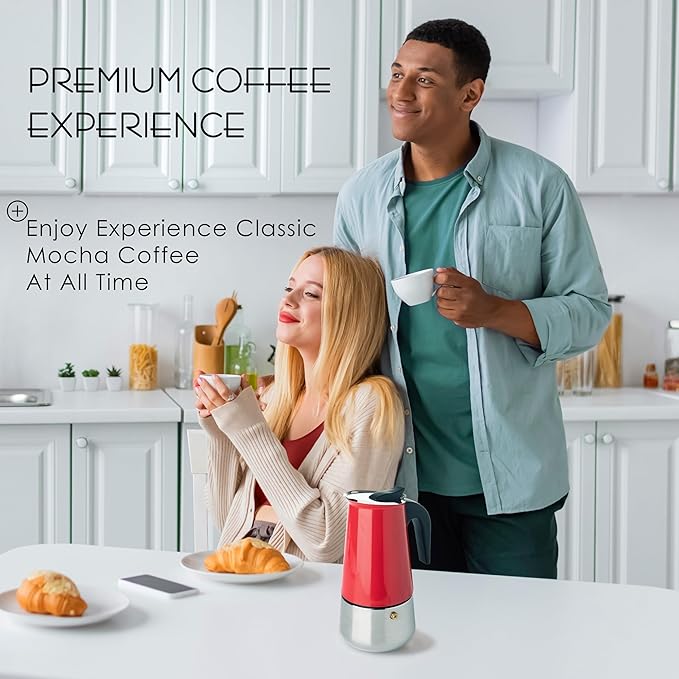Mixpresso Red 6 Cup Greca Stovetop Espresso Pot 300ml/10oz, Moka Pot with Coffee Percolator Design, Stainless Steel Stove Top Coffee Maker for Camping or Home Use,Italian Stovetop Espresso Maker