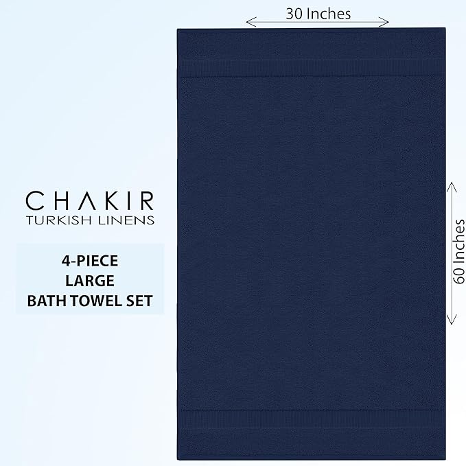 Chakir Turkish Linens 100% Cotton Premium Turkish Towels for Bathroom | 30'' x 60'' Large Bath Towels (4 Piece, Navy)