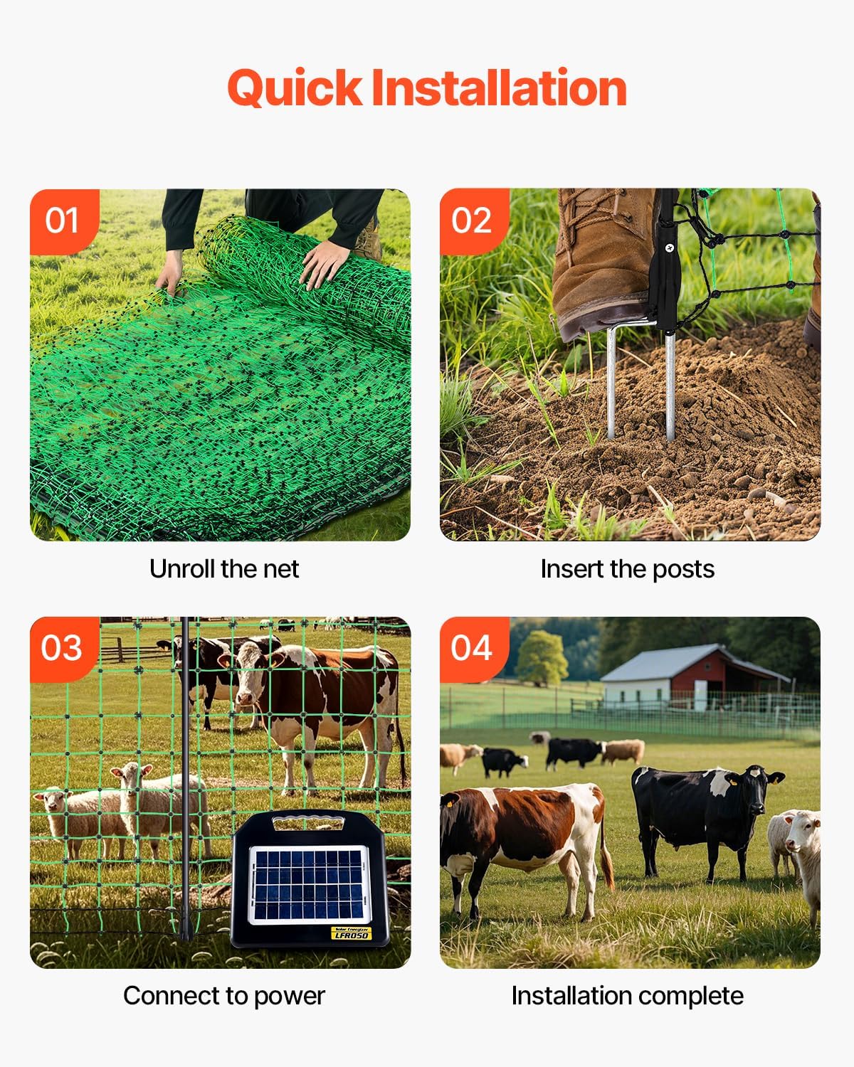 VEVOR Electric Fence Netting, 50" H x 164' L, Livestock Net Fencing with Posts & Stakes, Portable Mesh Nets for Goats, Sheep, Deer, Hogs, Dogs, Electric Fencing for Backyards, Gardens, Farms, Ranches