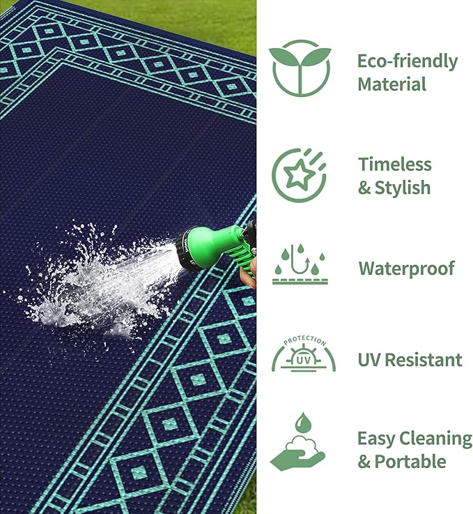 GENIMO Outdoor Rug Waterproof 5'x8' for Patio, Foldable Reversible Plastic Straw Carpet for Travel Trailers, Outside Area Mat for Rv, Deck, Picnic, Porch, Balcony, Beach, Navy Blue & Jade Green