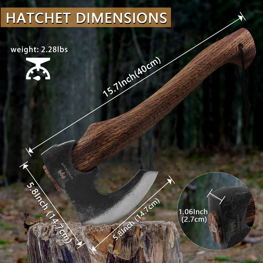 Hatchet Axe, 15.7" Camping Hatchet with Leather Sheath, Bushcraft Axe with 1065 Carbon Steel & Beech Handle, Survival Axe for Wood Splitting and Chopping - Perfect for Gardening and Outdoor