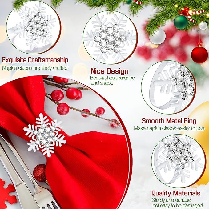 Halatool Christmas Napkin Rings Set of 8, White Snowflake with White Rhinestone Napkin Holder for Christmas Thanksgiving Winter Holiday Place Setting, Weddings, Party Table Decoration