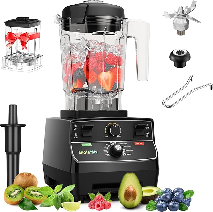 Biolomix Professional Smoothie Blender, 2200W High Power with 68oz Pitcher, Smart Presets, Blender for Kitchen, Ice, Soup (Extra Parts + 600ML Grinding Cups)