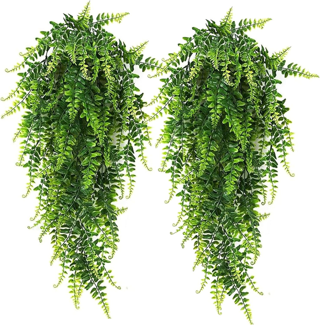 RECUTMS Hanging Artificial Plants 4Pcs UV Resistant Fake Boston Fern Realistic Faux Greenery Plastic Ivy Vines for Wall Home Room Garden Wedding Party Garland Outside Decoration(Green)