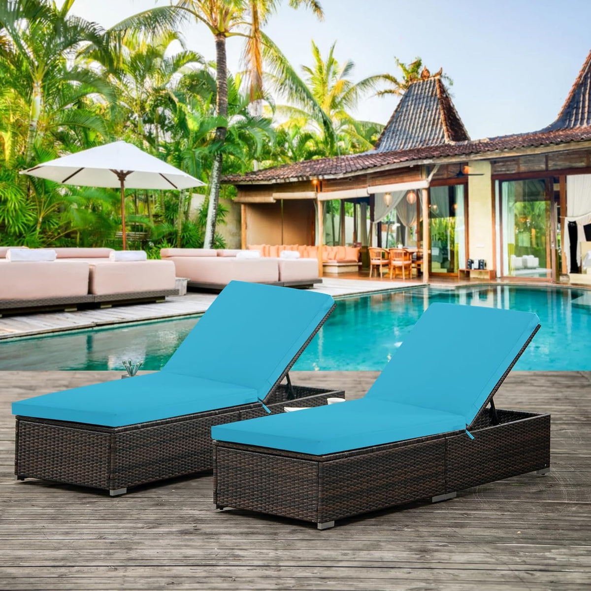 Chaise Lounge Cushions Outdoor Set of 2 - Waterproof and Fade Resistant Sun Lounger Replacement Cushions - Patio Lounger Pads with Removable Cover for Pool, Deck, Lawn, 80 x 26 x 3 Inch, Teal