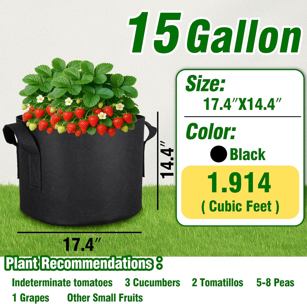 PHYEX 12-Pack 15 Gallon Grow Bags, Heavy Duty Fabric Pots with Handles, Reusable Plant Bags for Vegetable, Herbs & Flowers, BPA-Free, Breathable, Durable
