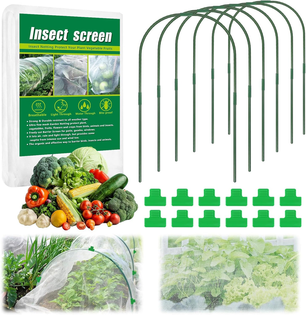 10 X 33 FT Garden Mesh Netting Kit Pest Barrier for Raised Beds, Fruit Tree Netting with 6 Sets Garden Hoops & 12 Clips for Cicadas Bird Insect, Blueberry Bush Netting Cover for Garden Protection