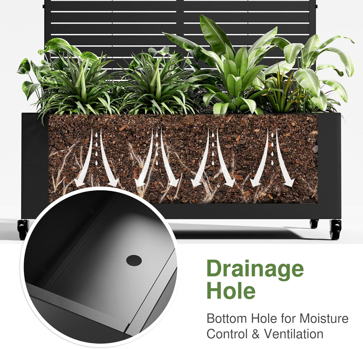 Casaphoria Metal Raised Garden Bed with Trellis and Wheels, 72"x47"x16" Planter Box for Climbing Plants, Vegetables & Vines, Features Drainage Holes and Privacy Screen (Black-Louvered)