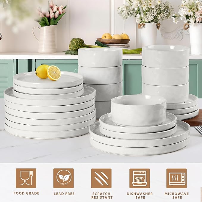 LIANYU 24 Piece Dinnerware Sets for 8, Stoneware Plates and Bowls Dish Set, Kitchen Dinner Ware Speckled Dining Dishware, Microwave & Dishwasher Safe, Polar White