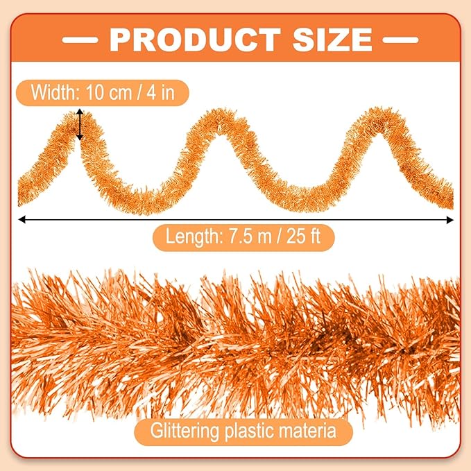 Macaron Metallic Twist Tinsel Garland - 25ft Wall Hanging Backdrop for Christmas, New Year & Valentine's Day Parties (Orange, 4in x 25ft)