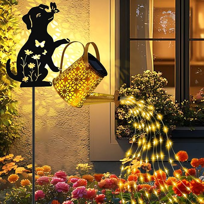 Solar Lights Outdoor Decorative, Watering Can with Cascading Lights, with Dog Silhouette Garden Stakes, Waterproof Metal Garden Decor for Yard Art, Outside, Patio, Lawn Ornaments(1 Pack)