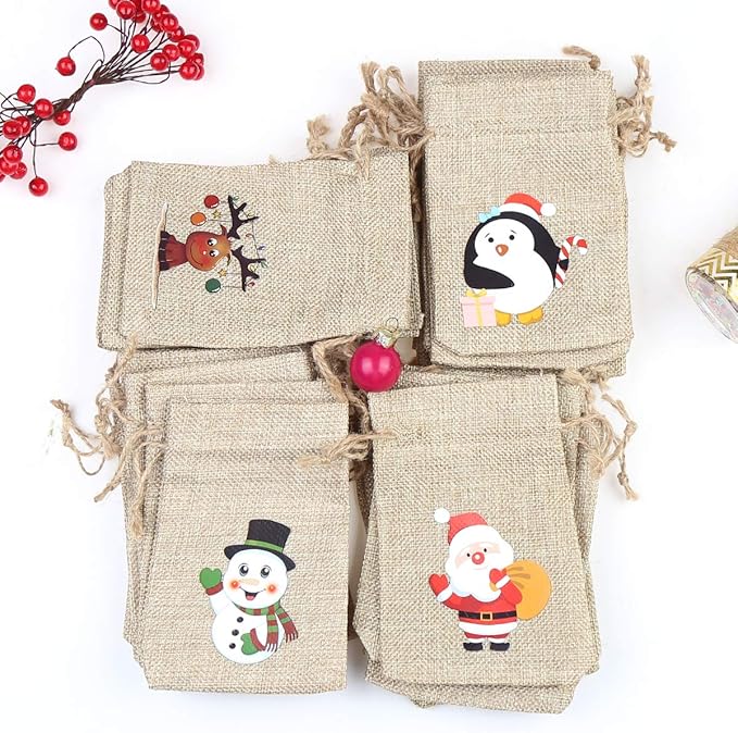CCINEE 36pc Christmas Linen Bags with Drawstrings Christmas Burlap Goody Gift Bags with Double Jute Drawstrings, 4 designs Snowman, Santa Claus, Penguin and Reindeer
