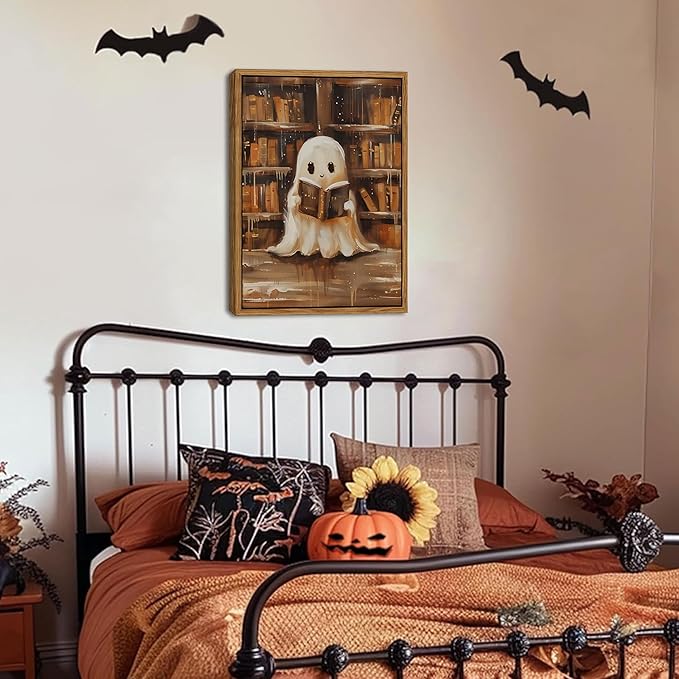 Vintage Framed Ghost Reading Books Canvas Wall Art for Home Office - Halloween Academia Cute Ghost Picture Paintings Prints, Halloween Room Aesthetic Decor for Living Room Bedroom 16x24 inch