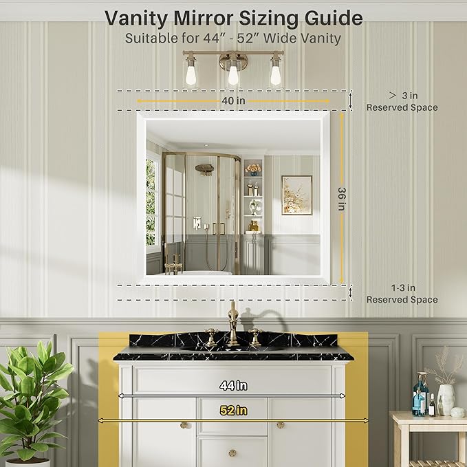 40x36 Inch White Bathroom Mirror for Wall, Thick Metal Framed Rectangle Mirrors for Over Sink, Bedroom, Living Room, Entryway, Anti-Rust, HD Tempered Glass