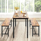 Rovibek 43" Dining Table Set for 4, Modern Space Saving Kitchen Breakfast Table with Benches & Adjustable Feet, Wooden Industrial Style Farmhouse, Brown