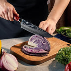 SENKEN 8-piece Japanese Kitchen Knife Set with Red Resin Handle and Laser Damascus Pattern - Crimson Collection - Chef's Knife, Santoku Knife, Paring Knife, & More - Ultra Sharp for Very Fast Cutting