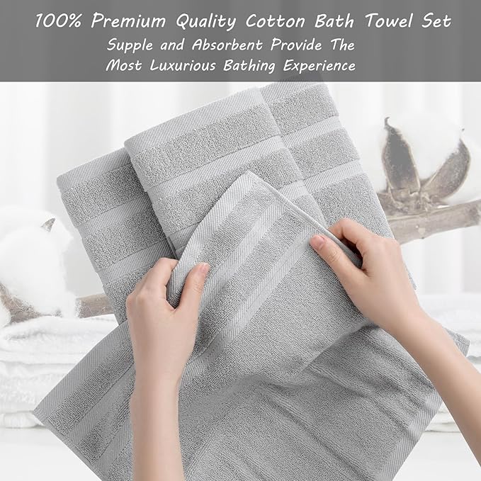 8-Piece Bath Towels Set, 100% Cotton Thick Soft Highly Absorbent Durable, Quick Dry, Bathroom Towels Set (2 Bath Towels, 2 Hand Towels, 4 Washcloths) - Perfect for Daily Use