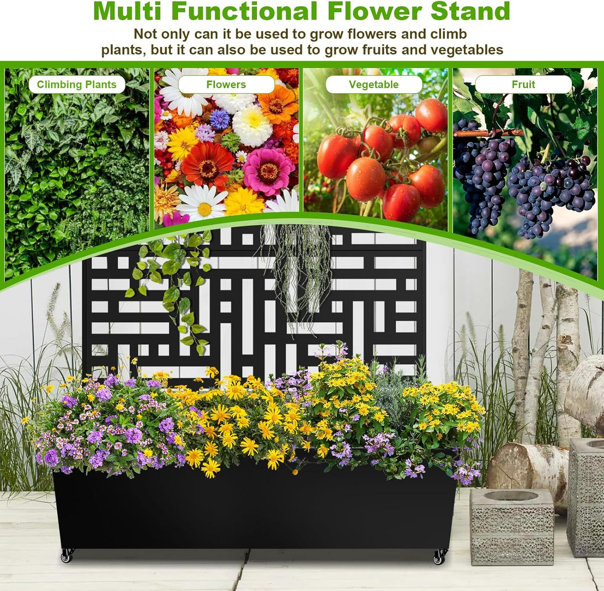 Metal Planter Box with Trellis, 72"x47"x16" Metal Raised Garden Bed with Trellis, Trellis Planter Box with Drainage Holes & Lockable Casters for Climbing Plants, Vegetables, and Vines