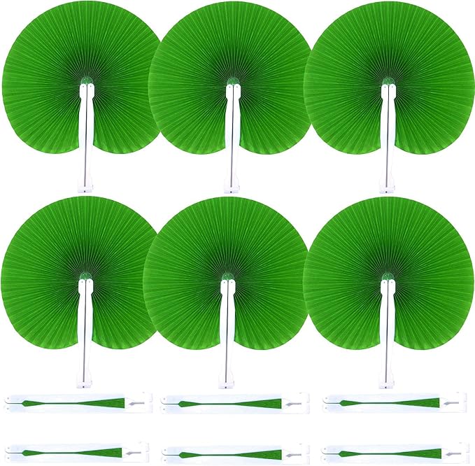 12 Packs Decorative Paper Folding Hand Fans Handheld,Grass Green Round Foldable Wedding Fans Chinese and Japanese Fans Bulk for Bridal Guest Church Party Favors Dancing Birthday DIY