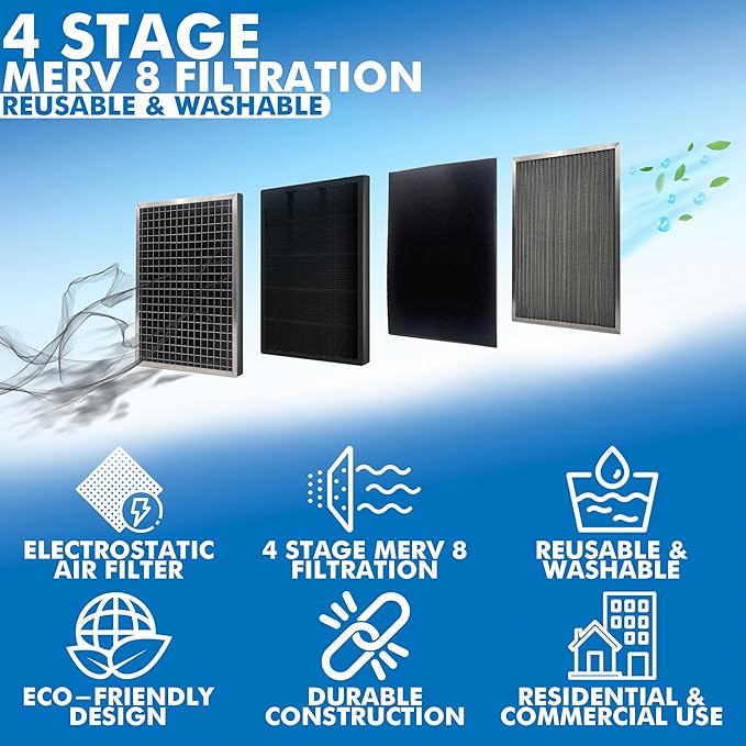 14x25x1 Electro-static Air Filter (1-Ct) AC Furnace Filter, Reusable & Washable 4-Stage Electrostatic Filter for Residential and Commerical HVAC (Actual Size:13.75 x 24.75 x 0.75 Inches)