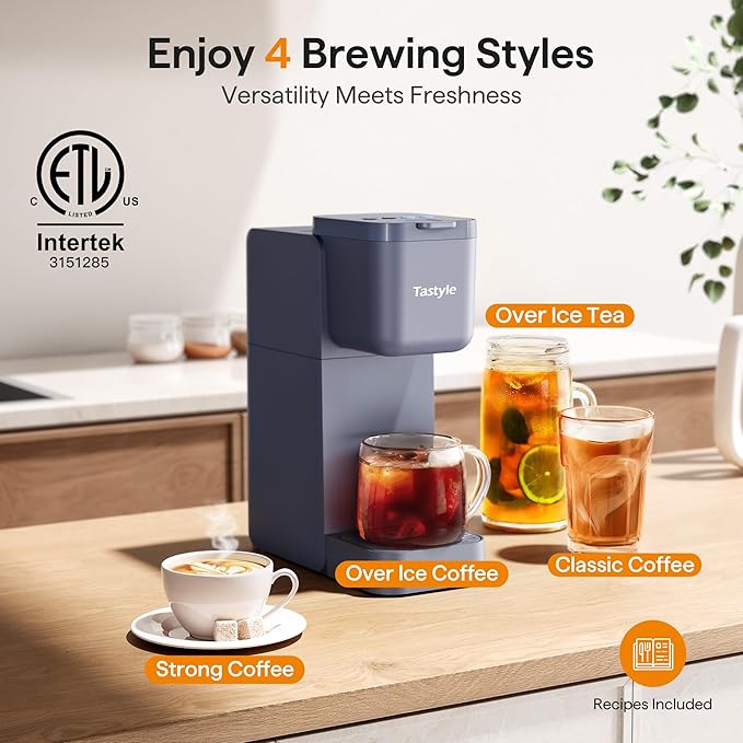 Single Serve Coffee Maker for K Cup, Ground and Tea, Hot and Iced Coffee Machines with Bold Setting, 6 to 16 Oz Brew Sizes, Compact for Small Spaces, Gray (2.0 Version)
