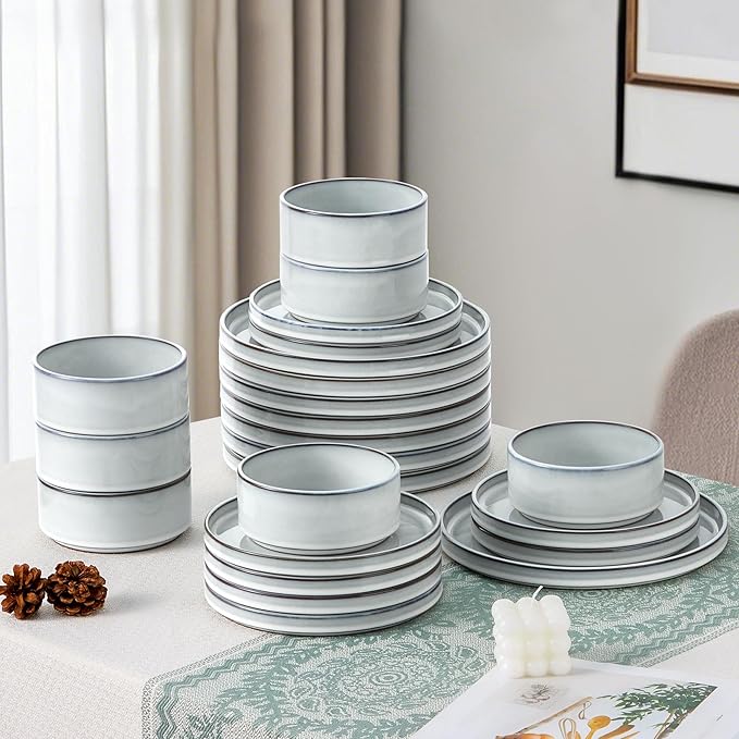 LIANYU Plates and Bowls Dinnerware Sets for 8, 24 Piece Stoneware Tableware Dishes Set Includes Dinner Dessert Plate Cereal Bowl, Rustic Terracotta Underside, Dishwasher & Microwave Safe, Lucent White