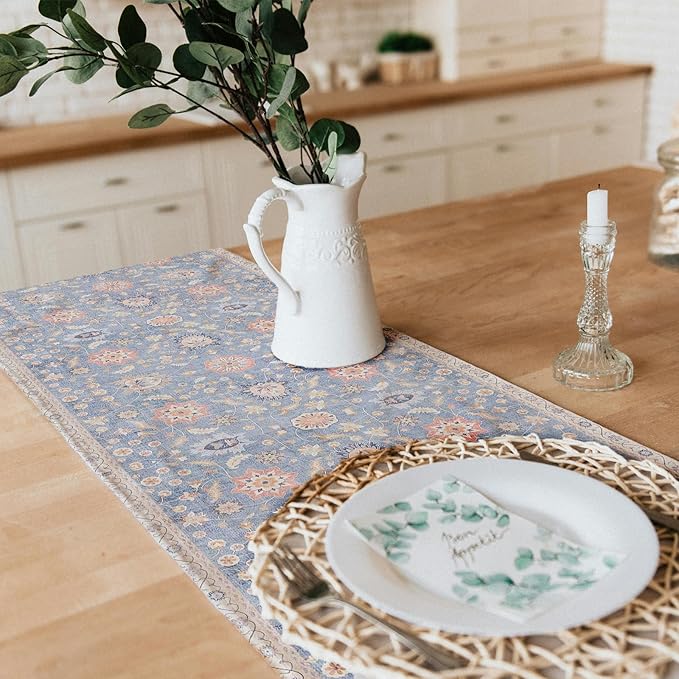 Snycler Table Runner Boho Table Runners Vintage Elegant Farmhouse Table Center Linen Decor for Home Dining Party Entrance (13x108 Inch) Blue