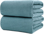POLYTE Microfiber Quick Dry Lint Free Bath Sheet, 70 x 35 in, Set of 2 (Green, Waffle Weave)