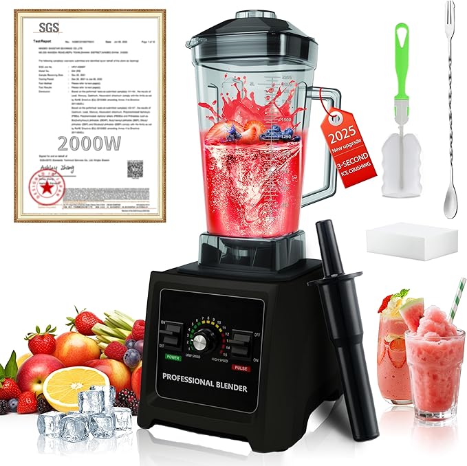 2025 Enhanced -Smoothie Blender【2000W German Nano-class Super Motor】【6 Military Grade Titanium Steel Blades】6-Second Quick Ice Crushing, Professional Blender for ice Smoothies and Milkshakes (Black)