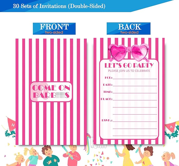 Pink Girl Birthday Invitations for Girls, Girls Pink Birthday Party Invitaions for Party Invites, 4x6 Inches, 30 Sets with Envelopes