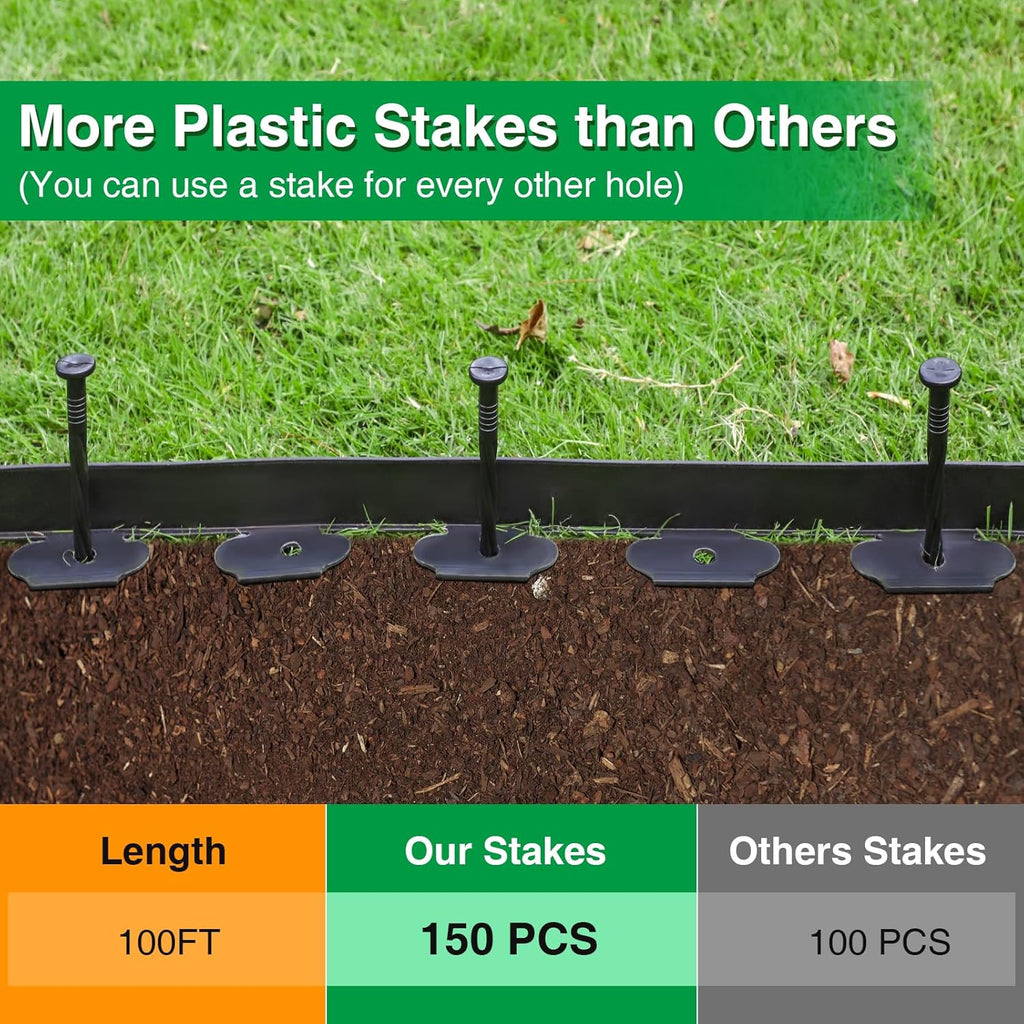 Bonviee 1.5” x 100’ Landscape Edging Kit, Garden Edging Coil with 150 Pcs Spikes, No Dig Lawn Border Design