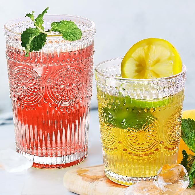 12pcs Vintage Drinking Glasses Set, 12 oz Highball Glasses & 9 oz Embossed Ribbed Glassware Cups for Cocktail, Water, Juice, Coffee, Whiskey (Clear)